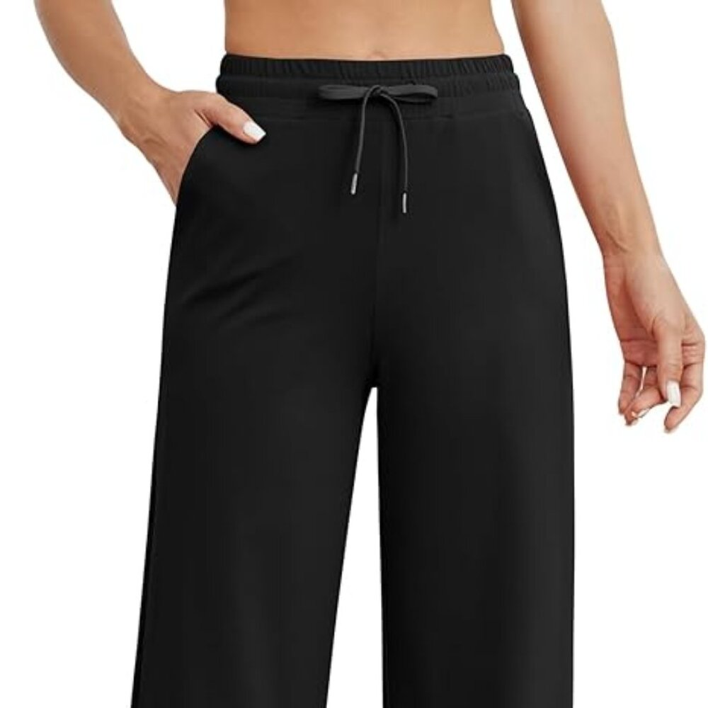 G4Free Women's Black Wide Leg High Waist Stretch Drawstring Yoga Sweatpants 2XL